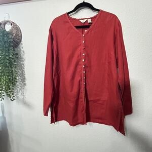 NEW J. Jill Terracotta Linen Button Down Scallop Grosgrain Trim Tunic Medium